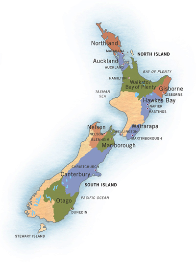 carte des régions viticoles en Nouvelle Zélande 